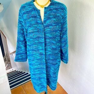 Chicos Turquoise Tweed with Copper Metallic Thread Open Cardigan Size 1‎ /Medium
